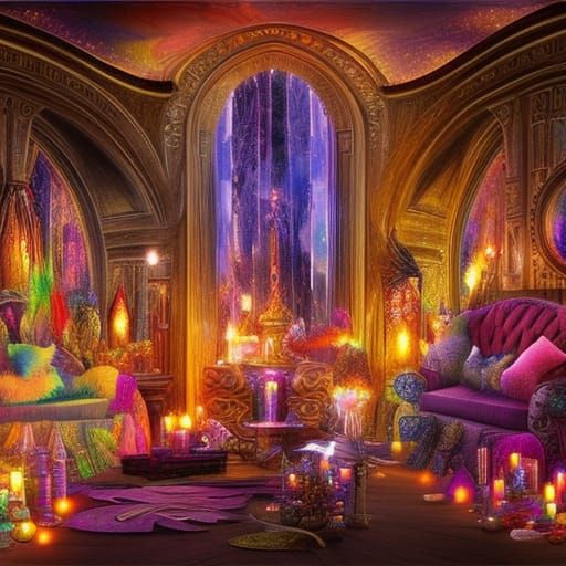 Magical crystal witches living room with lots of colorful crystals and candles