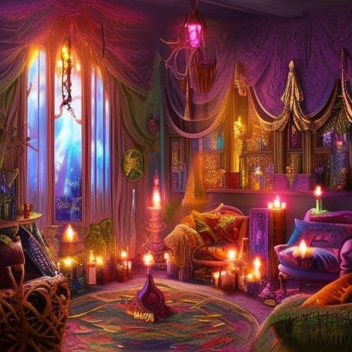 Magical crystal witches living room with lots of colorful crystals and candles