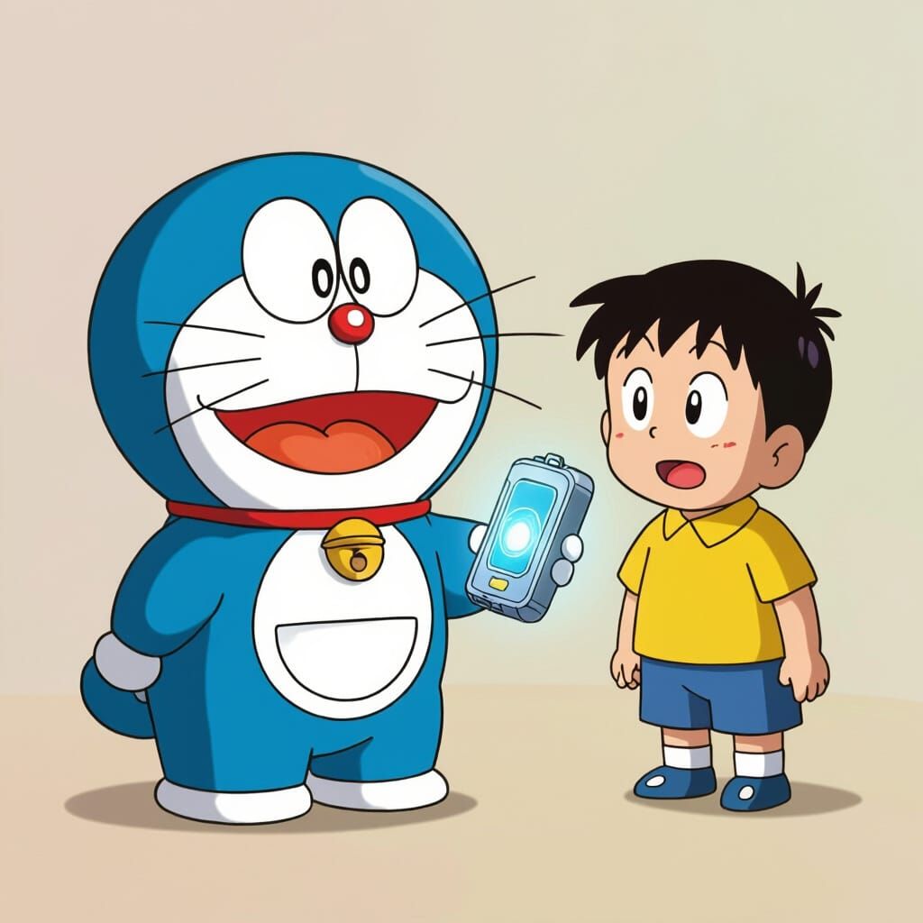 Doraemon Shows Futuristic Gadget to a Surprised Nobita