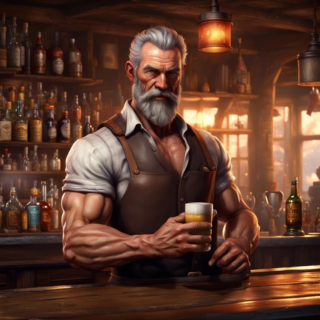 Detailed Tavern Bartender in a Fantasy Concept Art Style
