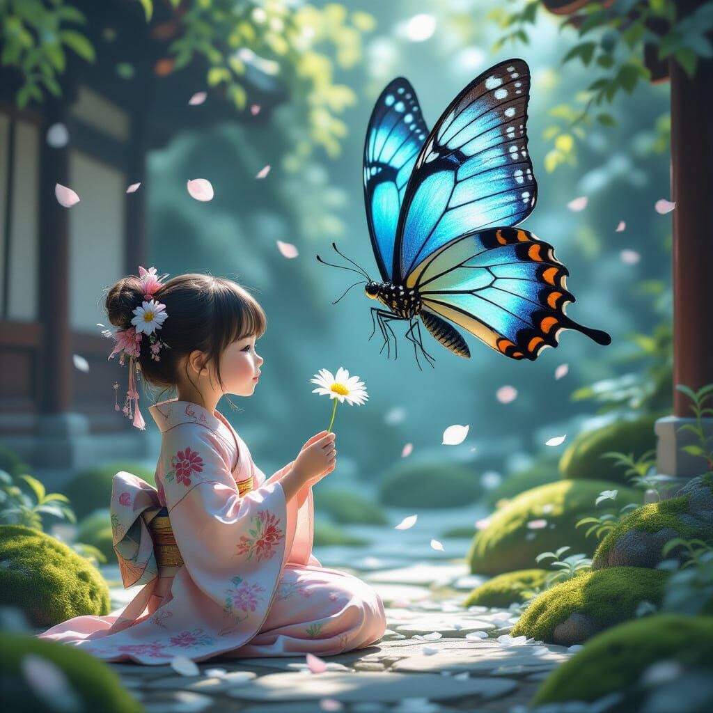 Girl with Butterfly in Sapphire Light: Digital Art