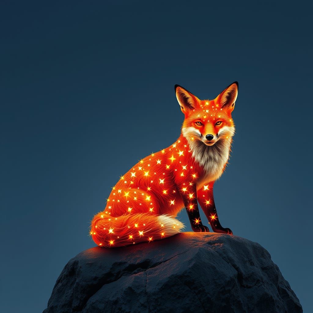 Celestial Fox Sitting on a Rock at Night