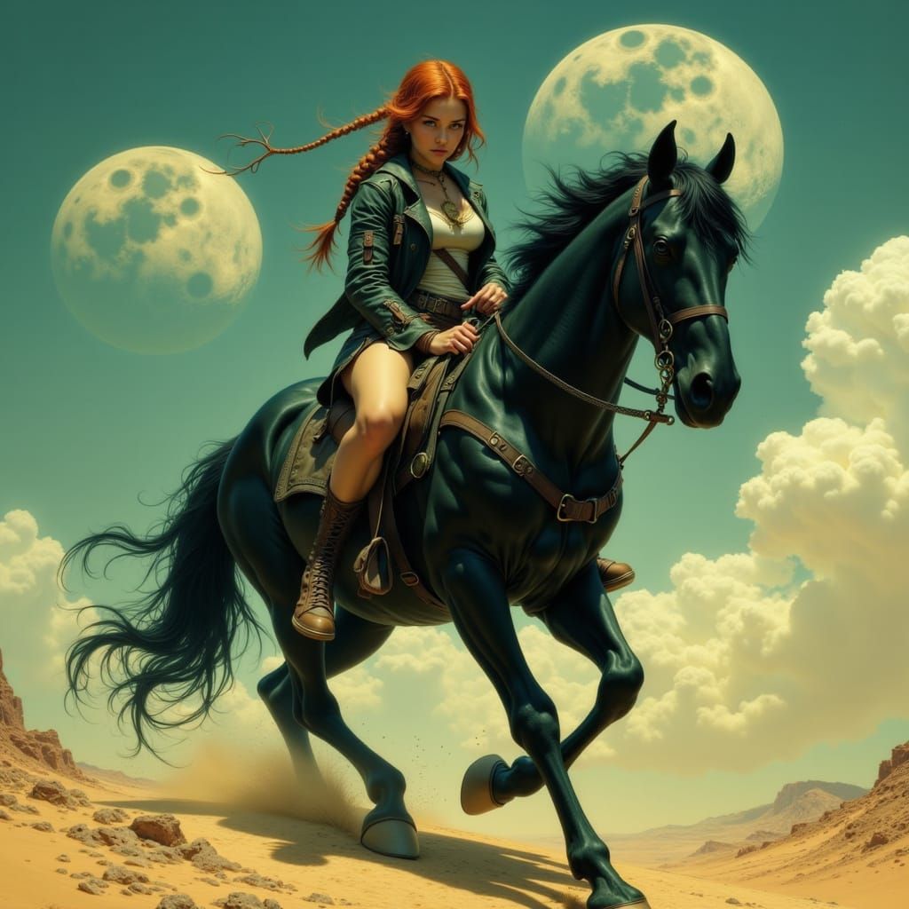 Fiery Rider on Alien Desert: Epic Fantasy Concept Art