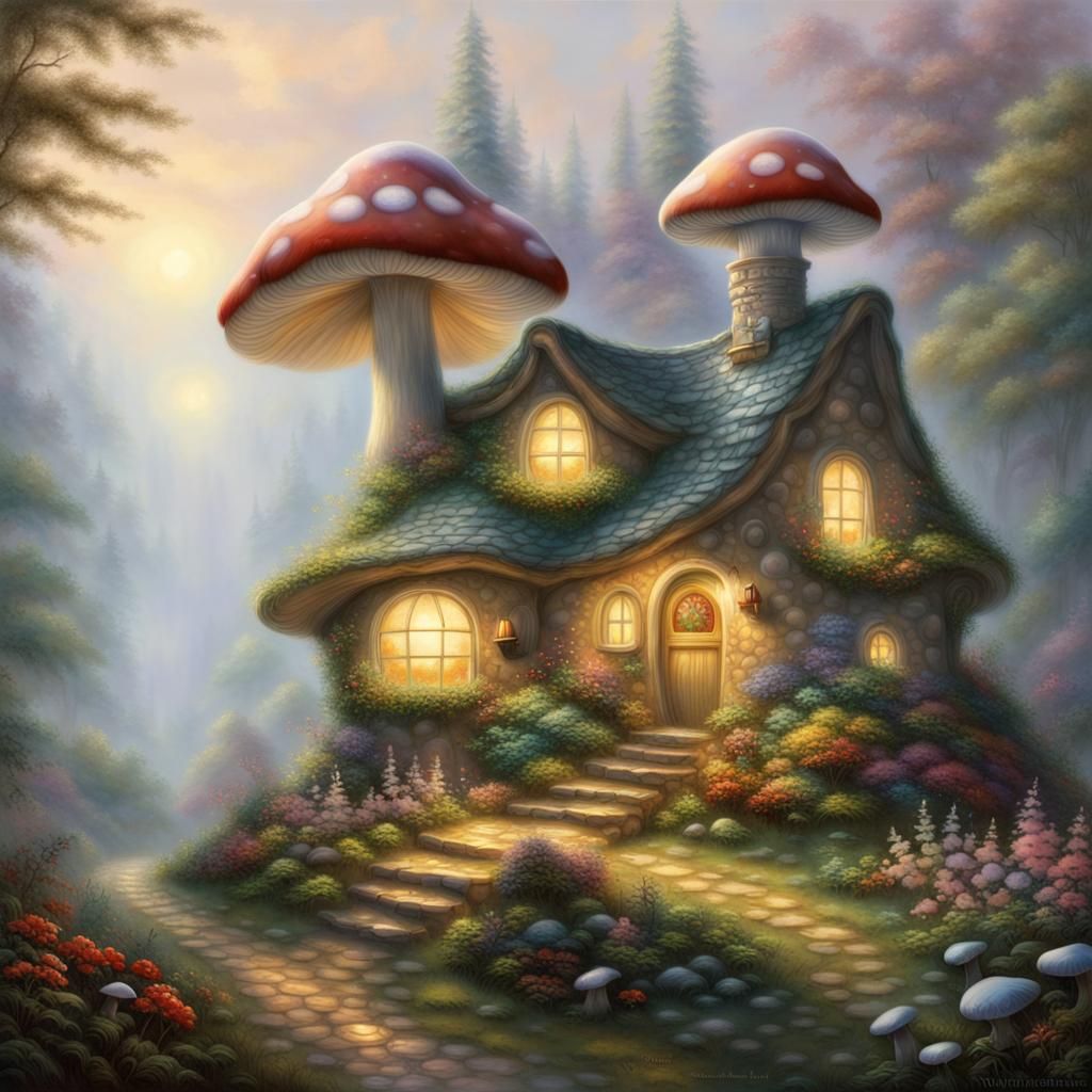 Ethereal Mushroom Home in a Misty Landscape