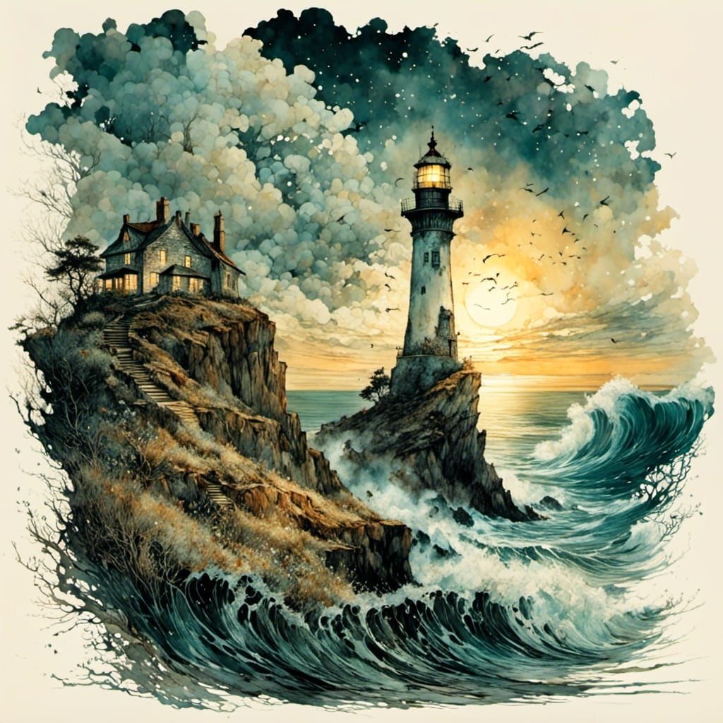 Lighthouse on Cliff with Waves, Arthur Rackham Style