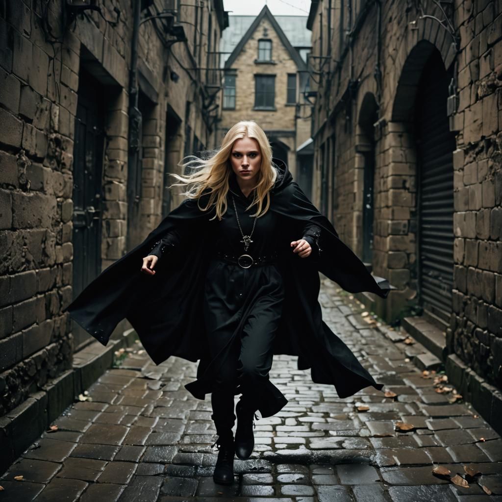 Gothic Woman Running Through Dark Alleyway
