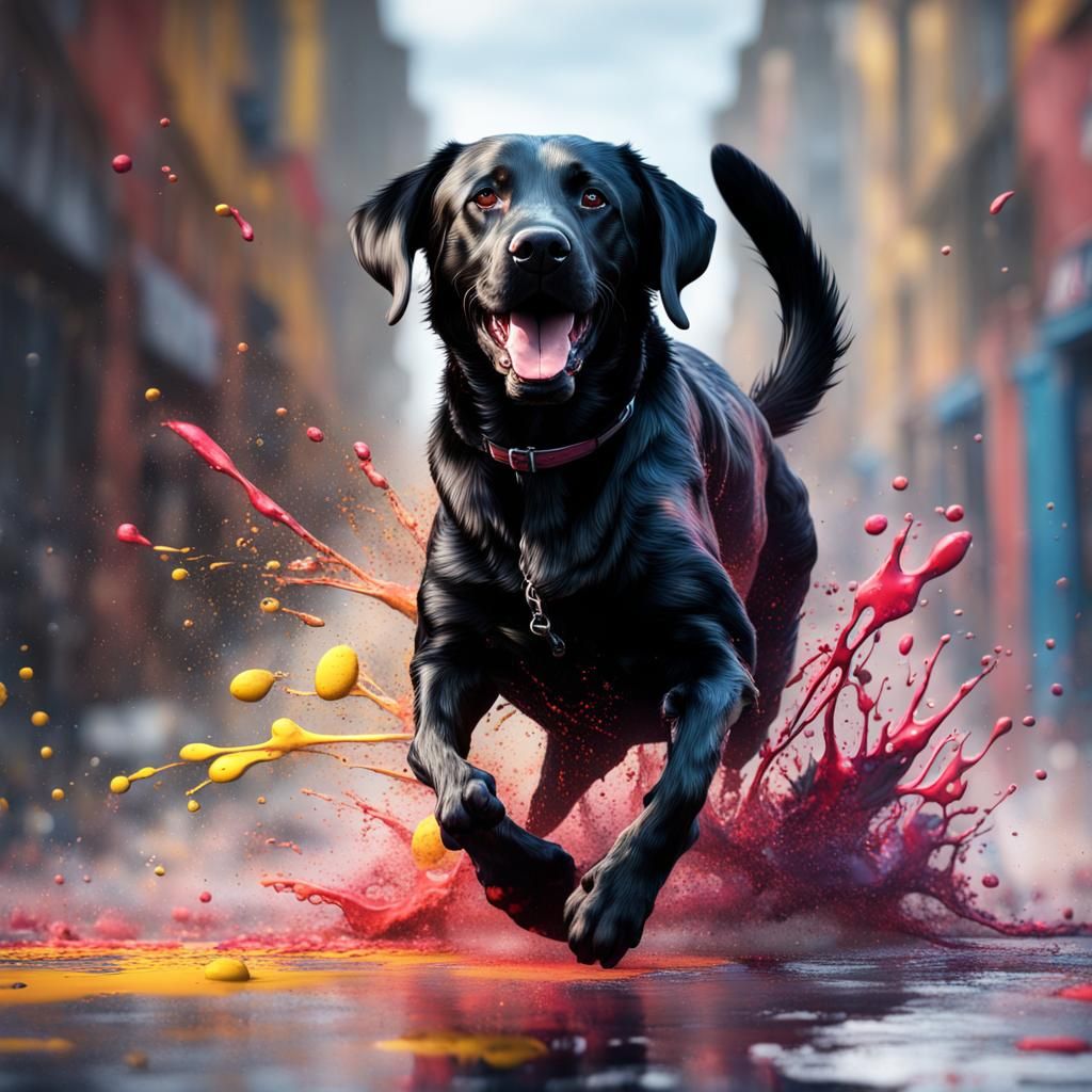 Labrador Runs Through Splattered Paint, Detailed Matte Paint...