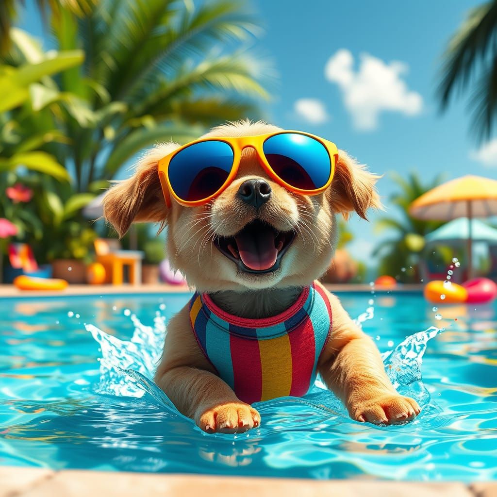 Whimsical Summer Paradise: Adorable Baby Dog in Tropical Poo...