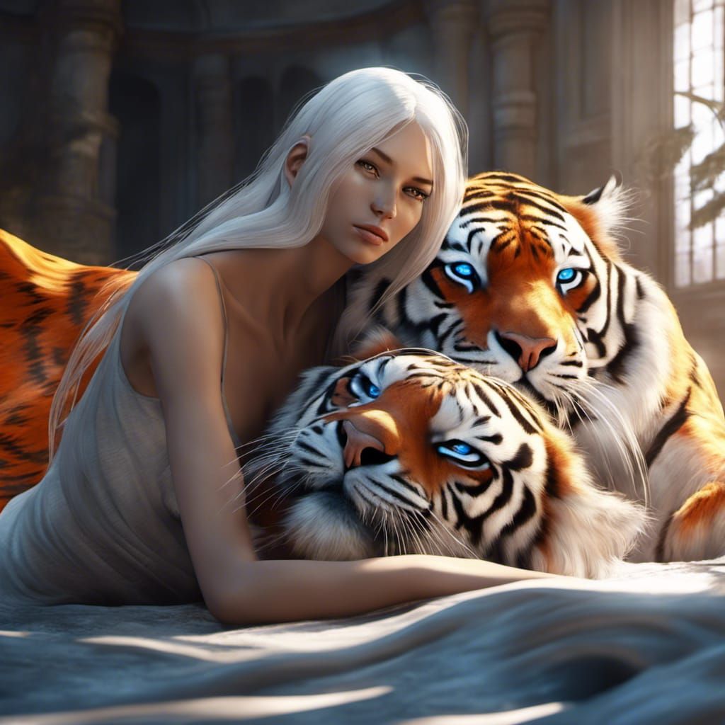 Woman Stretching with Tiger Companion: Modern Concept Art