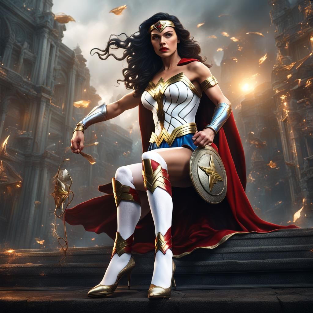 A Beautiful Wonder Woman in white stockings and high heels