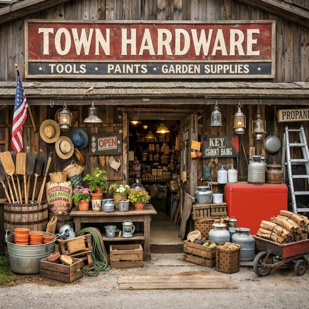 Rustic Town Hardware Store With Outdoor Items