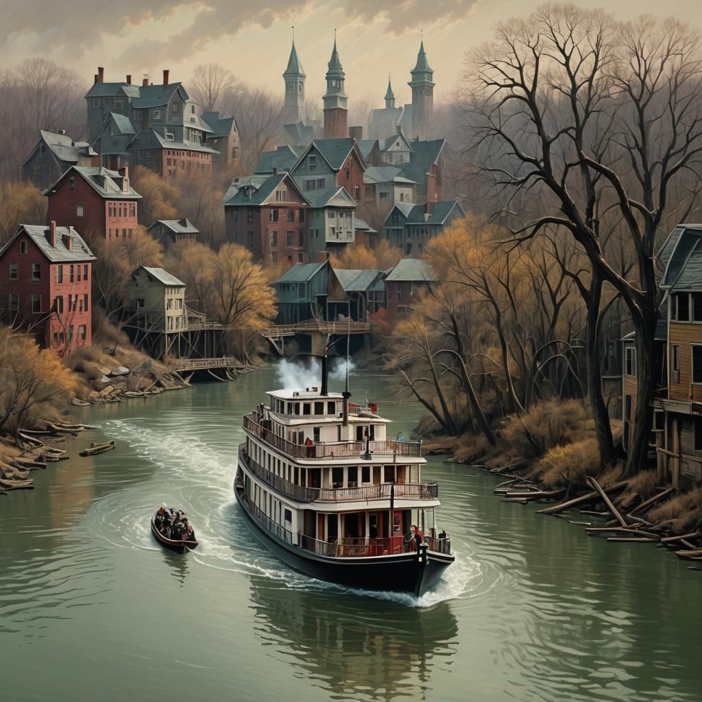 Mythical Riverboat Adventure in Post-Apocalyptic Style