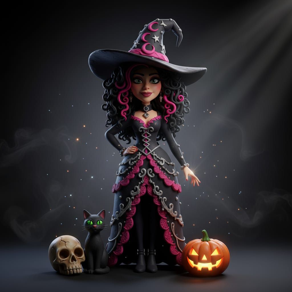 Gothpunk Witch with Cat and Skull in Claymation Style