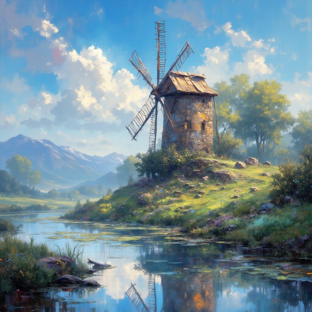 Windmill Amidst Serene Waterfront Landscape