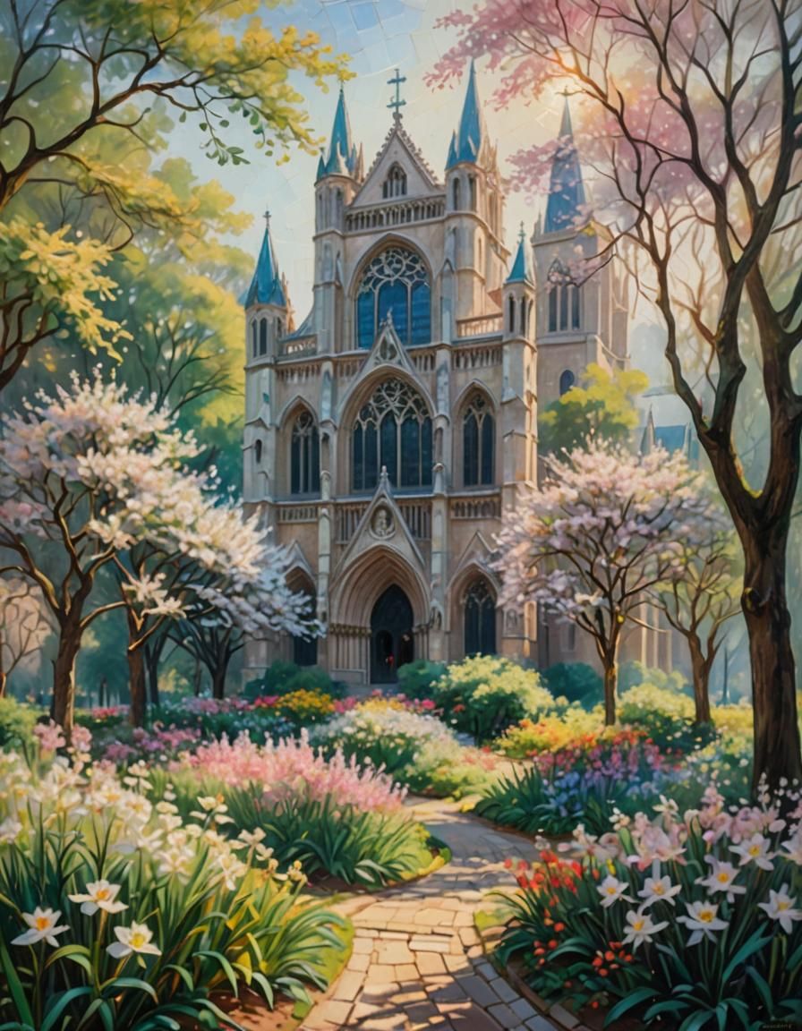 Cathedral with Oleander in Impressionist Style