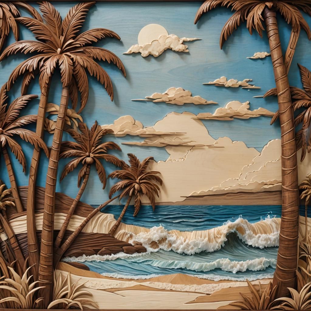 Tropical beach relief in wood layers