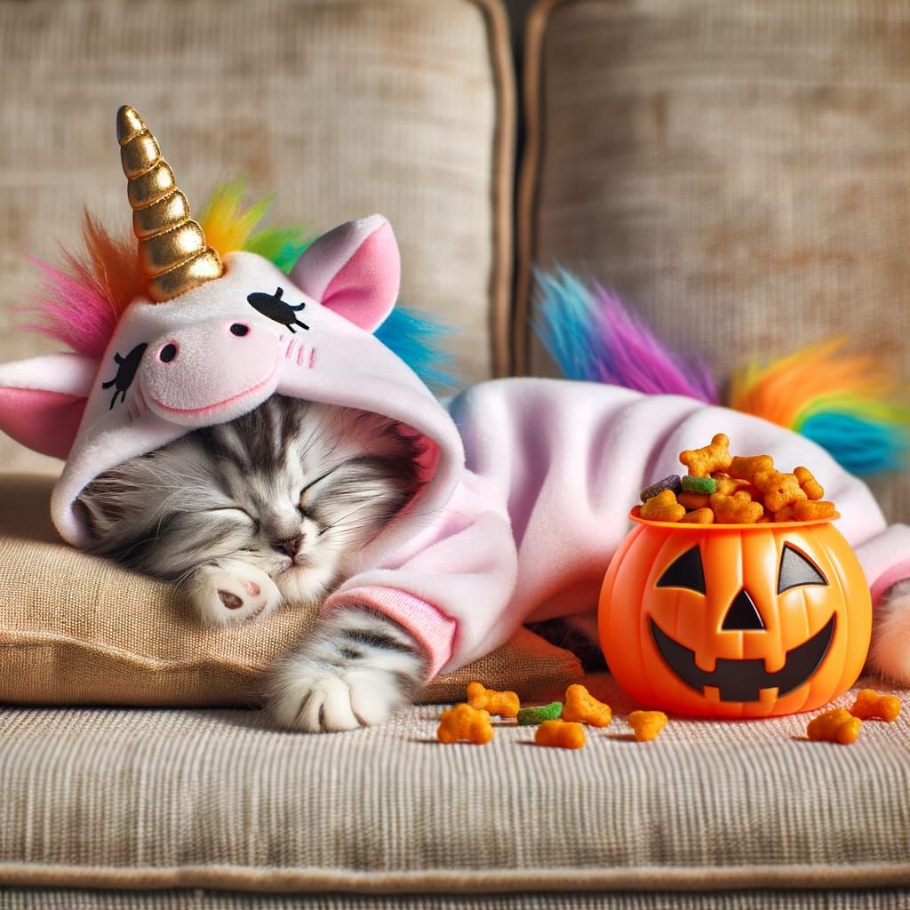 Adorable Kitten Sleeps in Unicorn Onesie Next to Jack-o'-Lan...