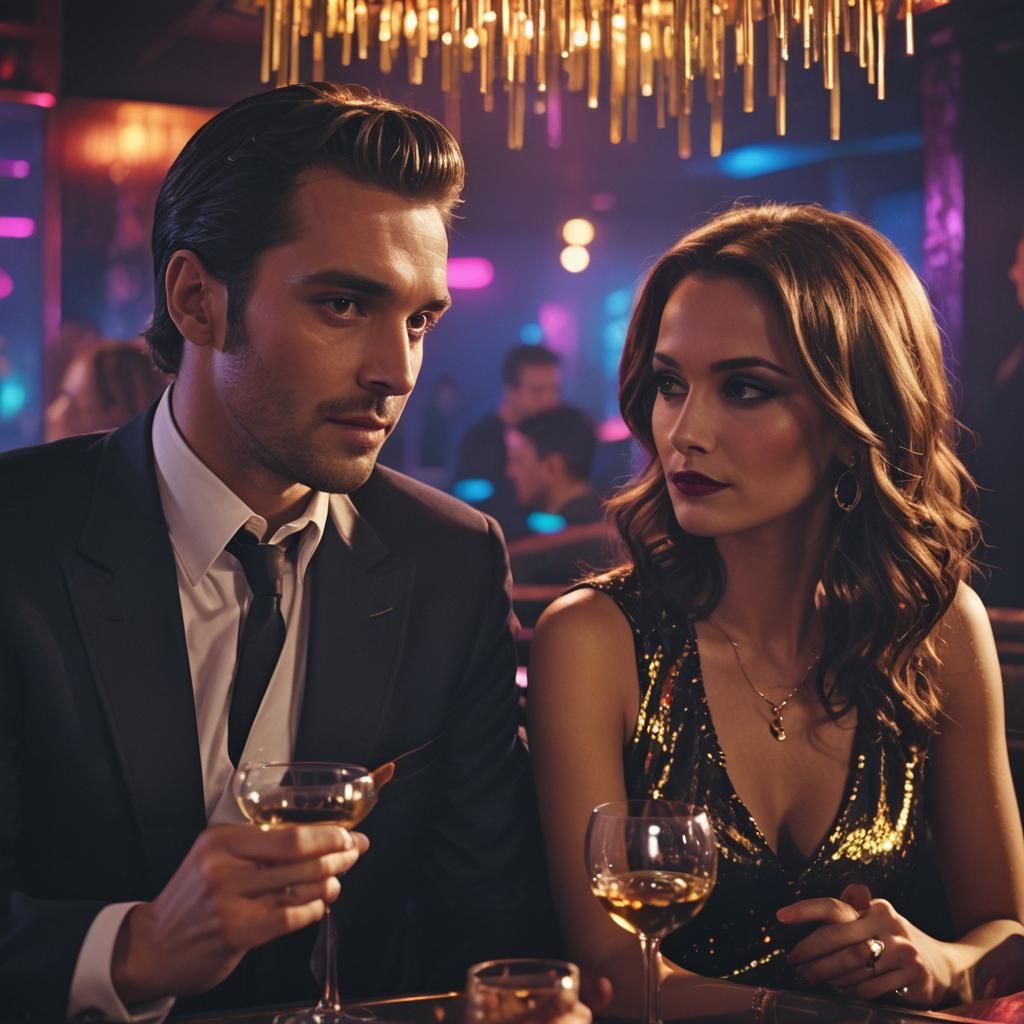 Nightclub Romance: Cinematic Film Still in Vibrant Colors