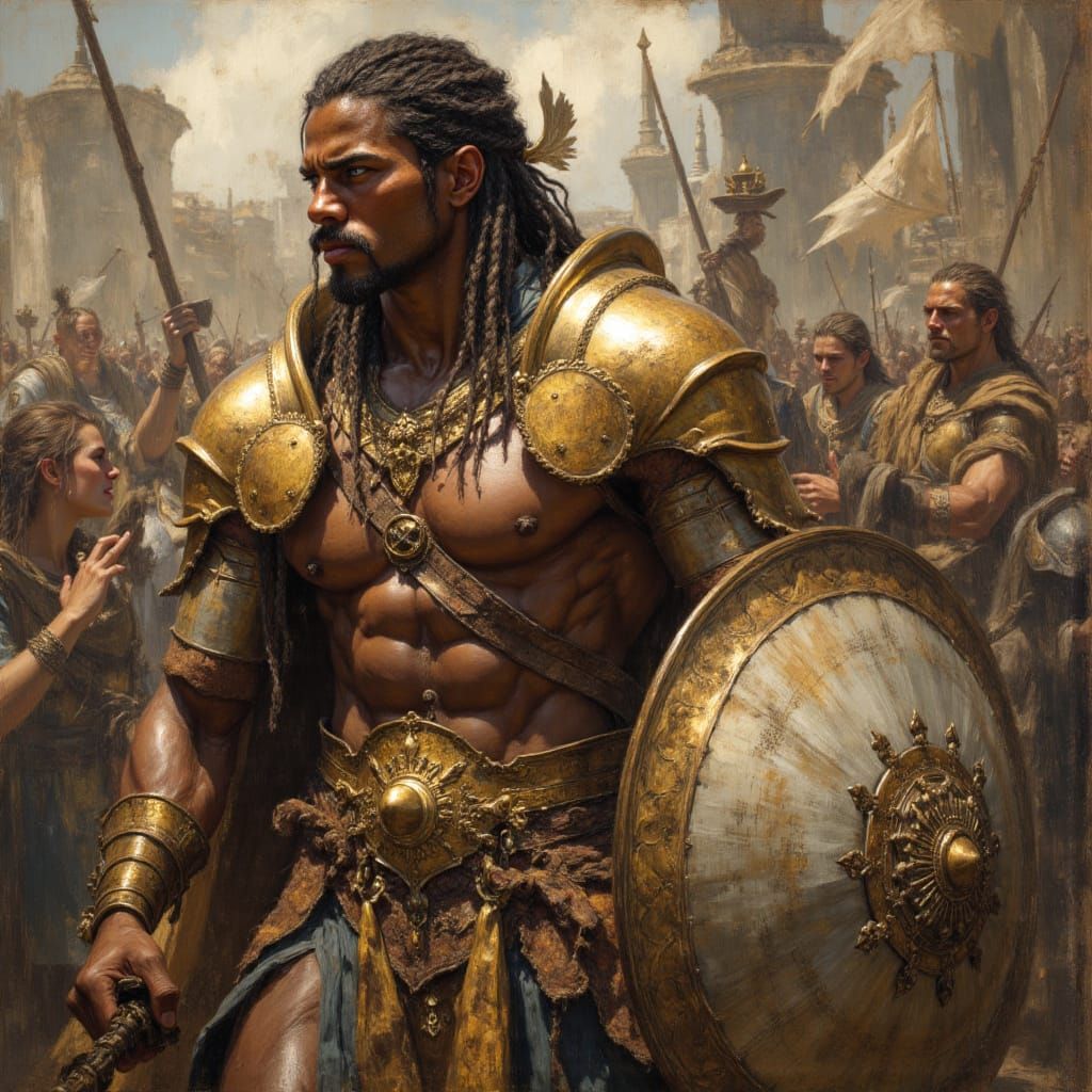 Warrior God Battles Ogres in Art Nouveau Fantasy Style