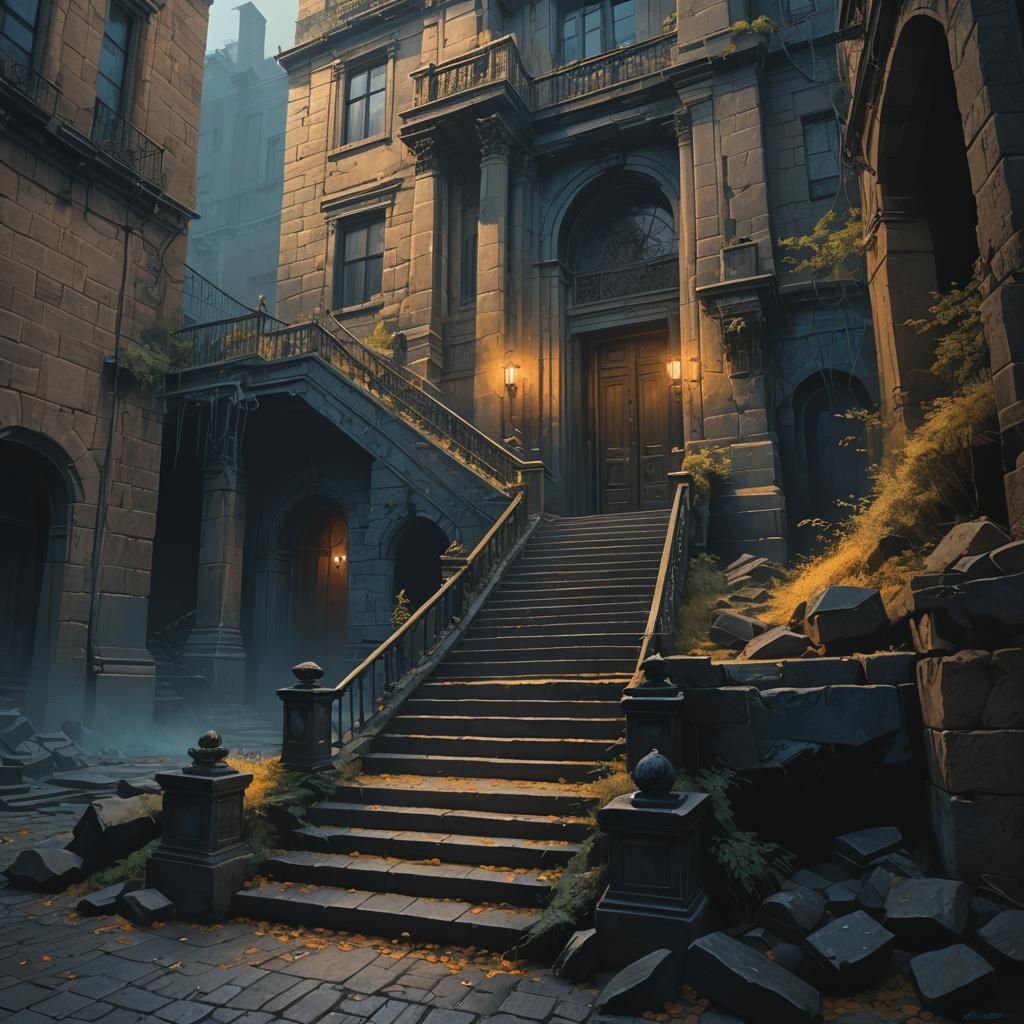 Ethereal Staircase in Shadowy Dark Academia