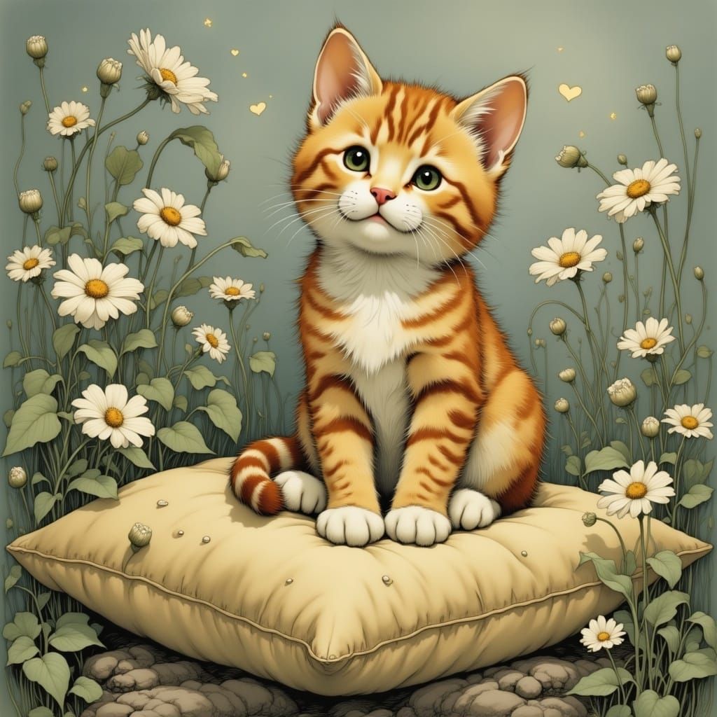Cute Cat Surrounded by Flowers and Heart Lights