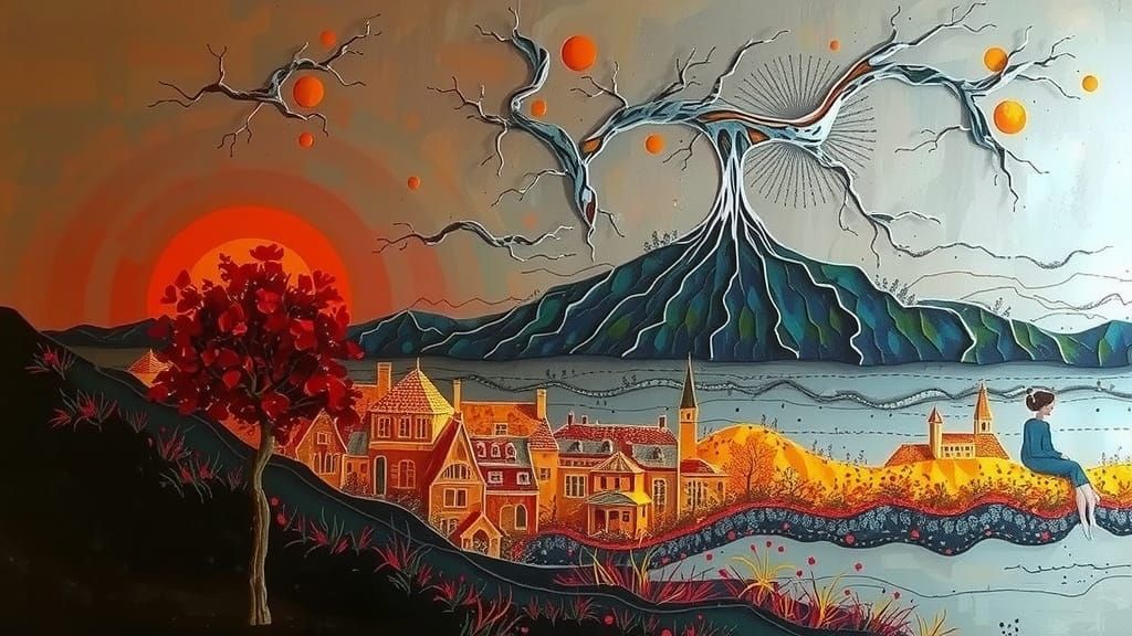 Dreamy Sunset Landscape with Village, in Impasto Style