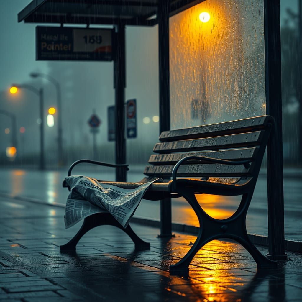 Mysterious Deserted Bus Stop in Dreamlike Atmosphere