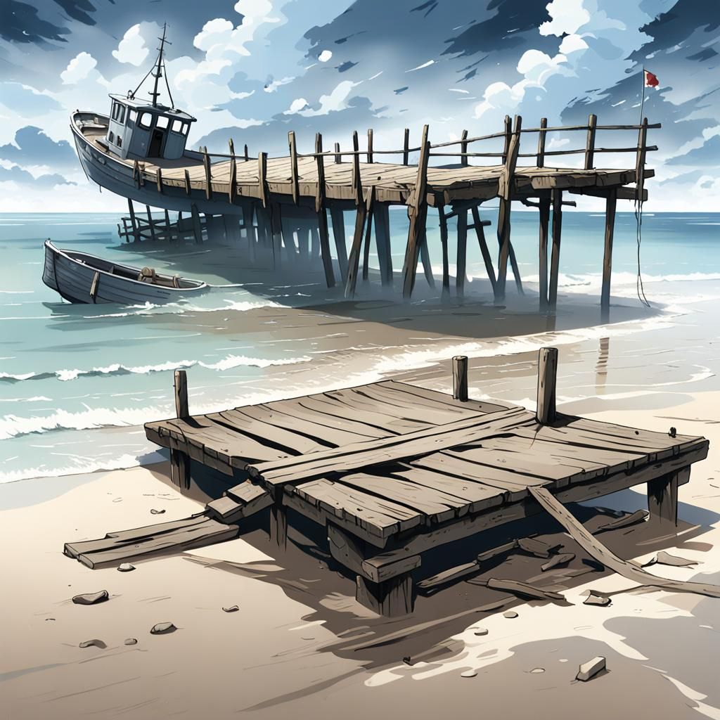 Gloomy Beach with Decaying Pier in Anime Style