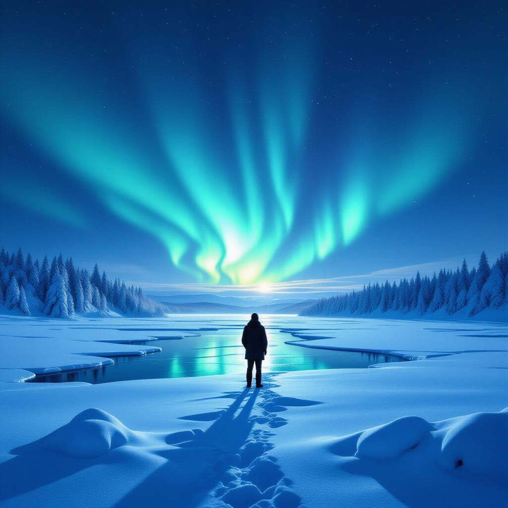 Solitary Figure Gazes at Aurora Over Frozen Lake