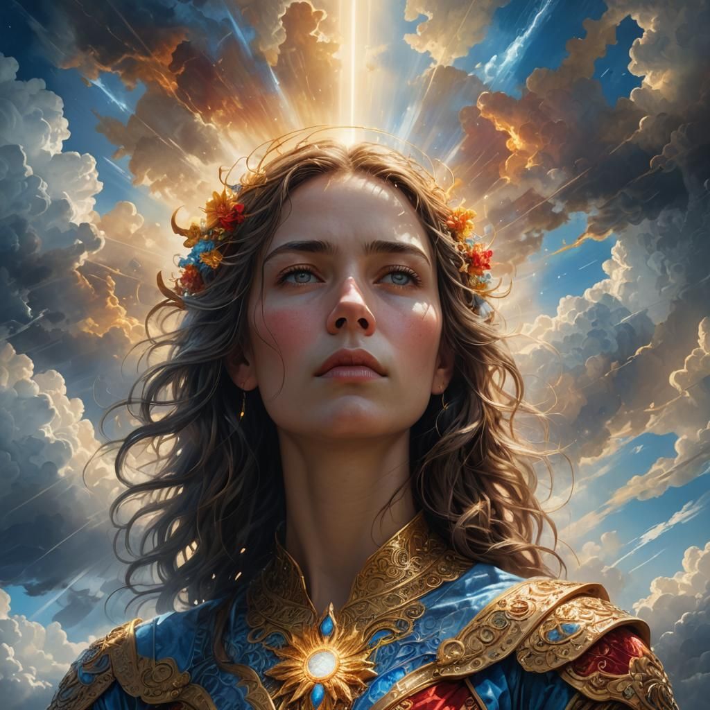 Melancholic Woman in Divine Cloudscape: Concept Art