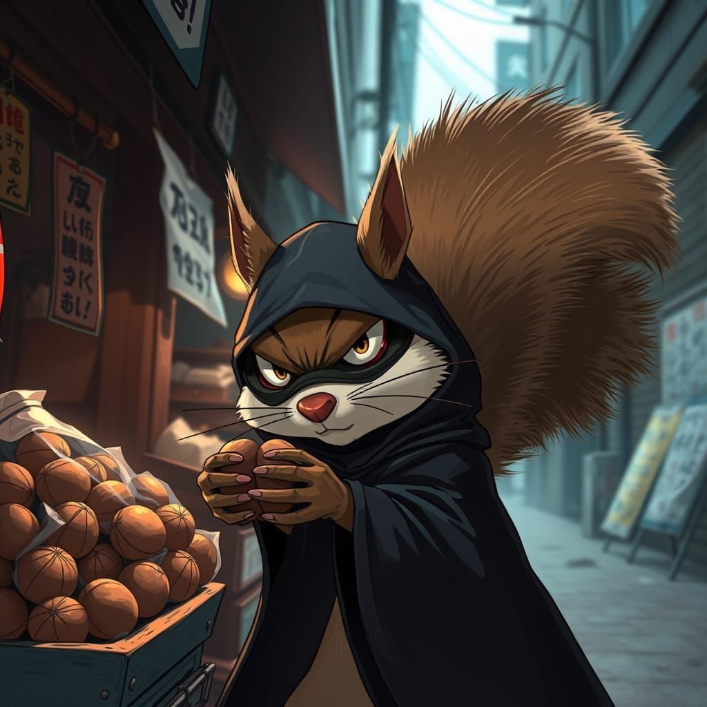 Anime-Style Burglar Squirrel Stealing Nuts