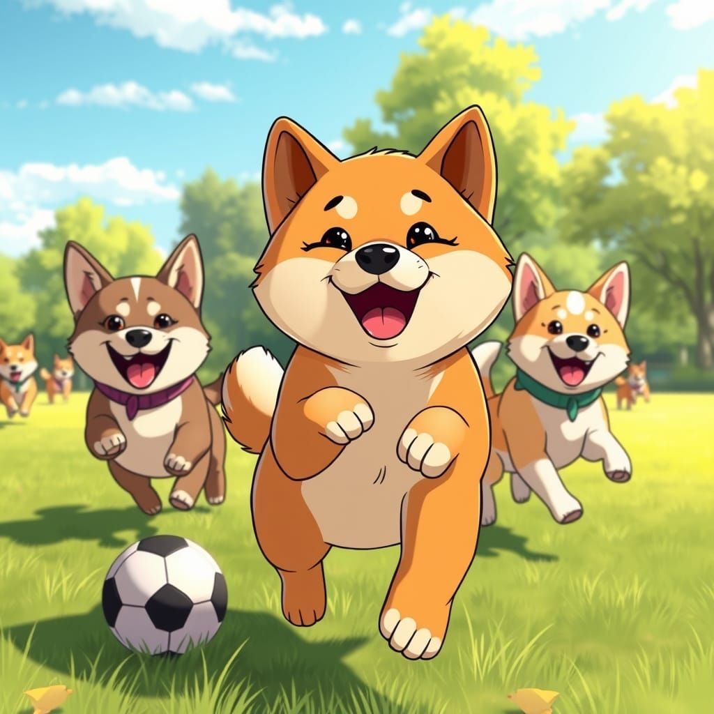 Cute Anime Shiba Inu Puppy Plays Soccer With Friends