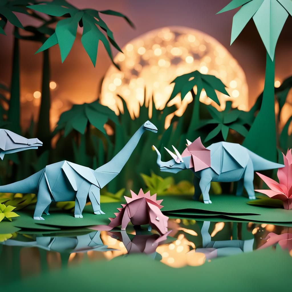 Whimsical Paper Diorama of Dinosaurs in Jungle