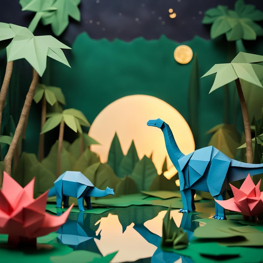 Whimsical Paper Diorama of Dinosaurs in Jungle