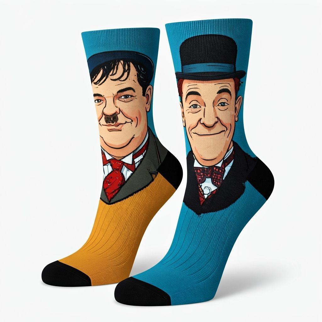 A pair of socks featuring loving caricatures of Oliver Hardy...