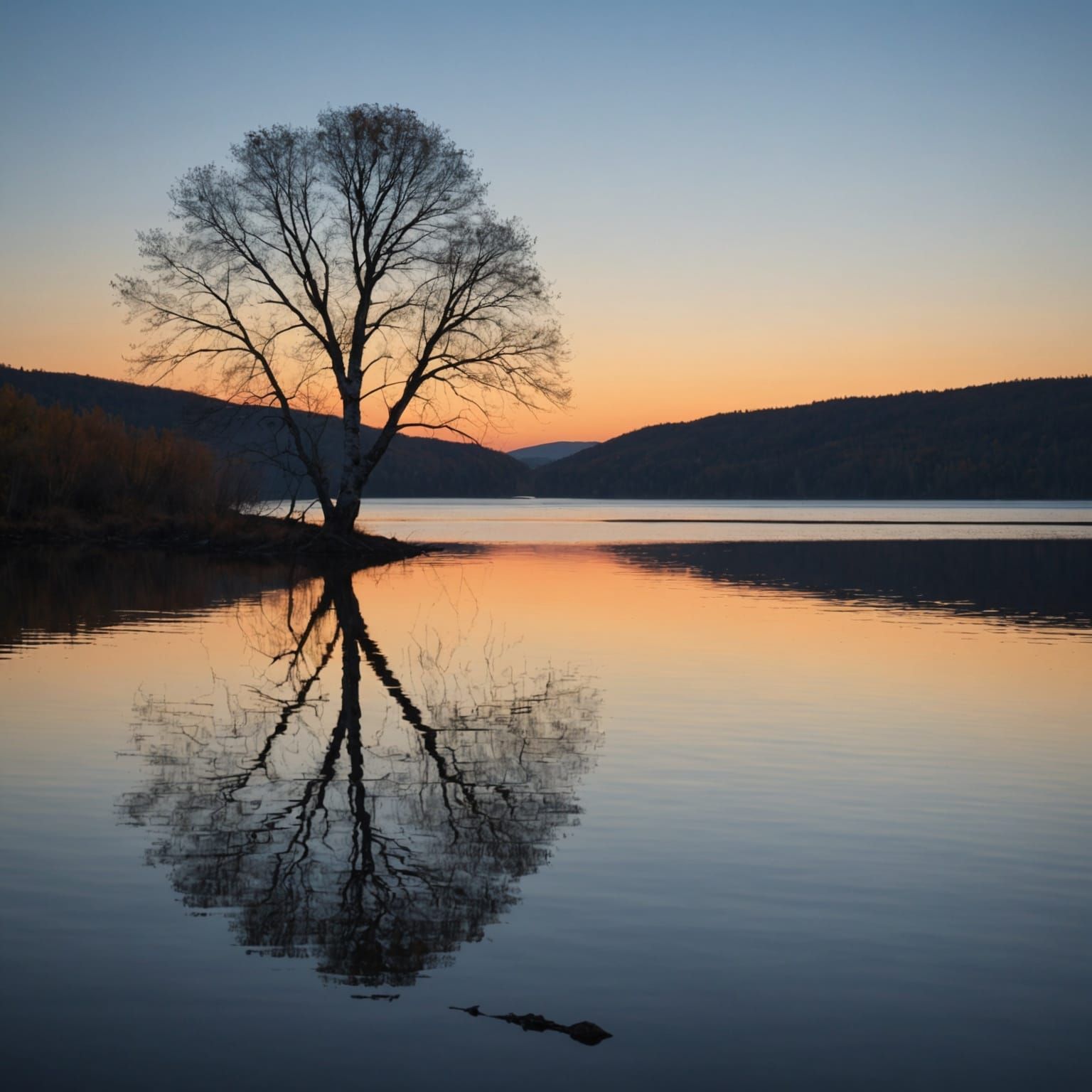 Sundown Serenity: Lone Tree on a Great Lake