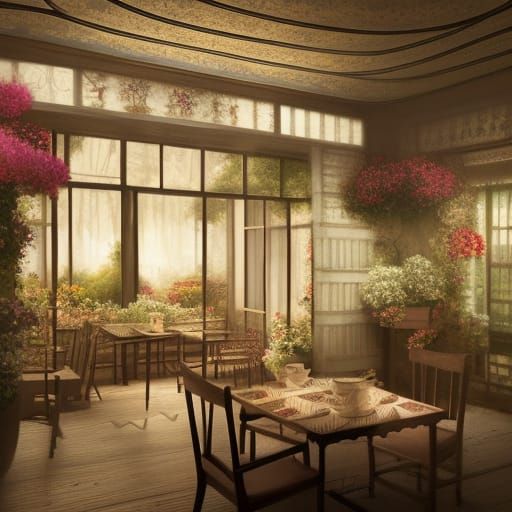 Serene Tea House with Watercolor Details