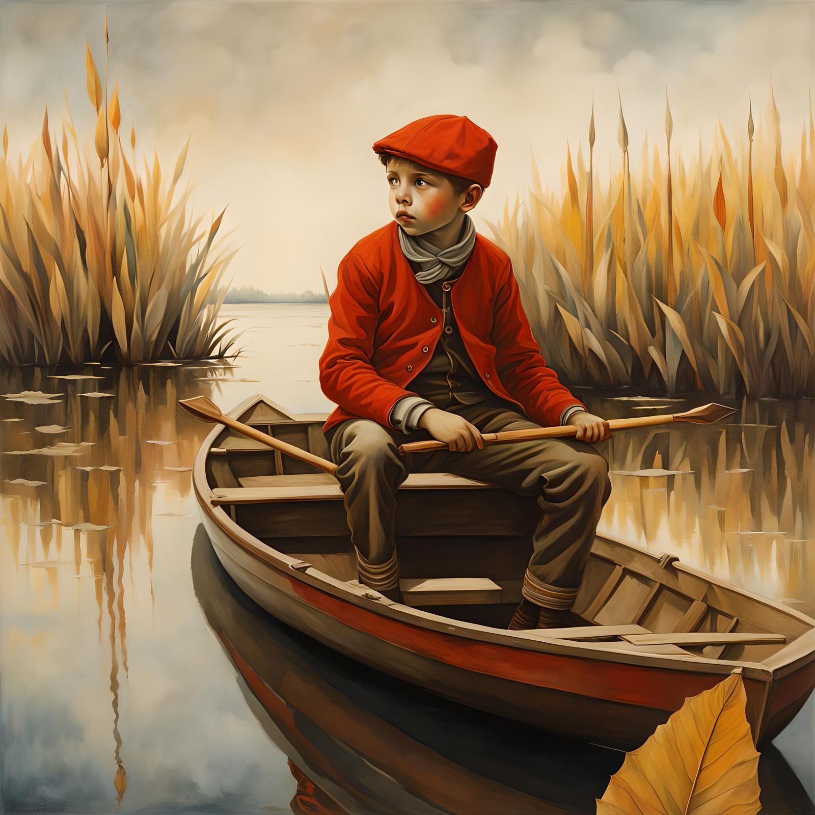Boys in Boats on a Lake in Watercolor Style