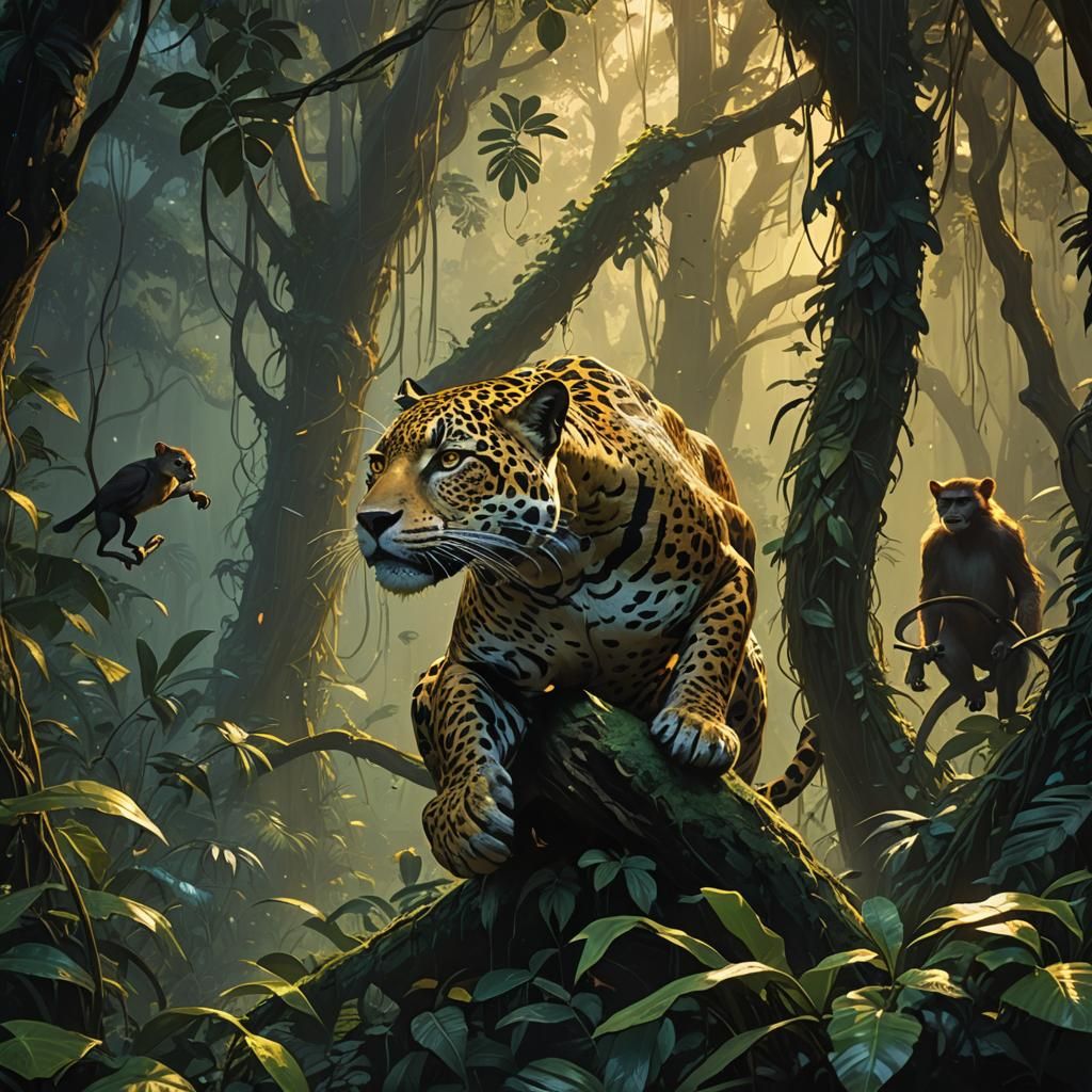 Jaguar Hunting in Moonlit Rainforest, Rutkowski Style