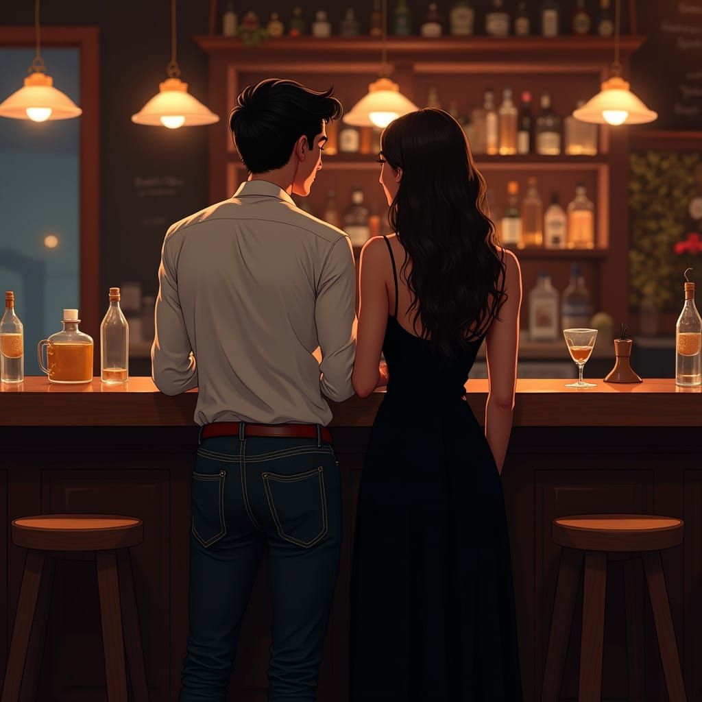 Cinematic Evening Scene: Two Figures at a Dimly Lit Bar