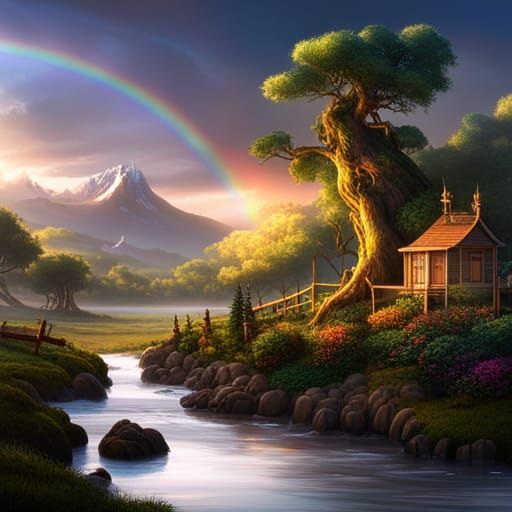 Rainbow Sky with Birds: Detailed Fantasy Art