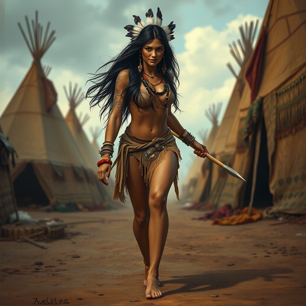 Glamorous American Indian is in front of her teepee in America, the ground is earthy she is barefoot she has a jewel on ...