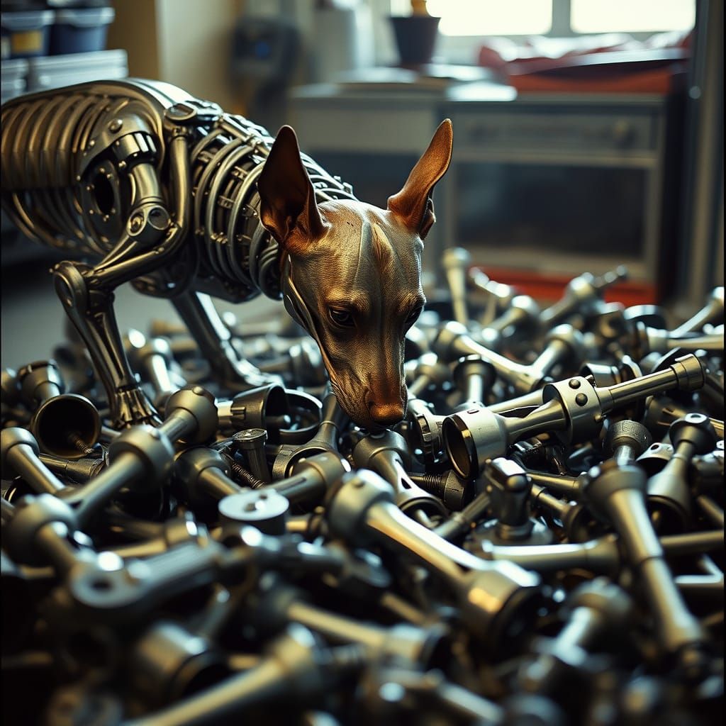 Metal Dog Inspects Medical Marvels in Cinematic Still