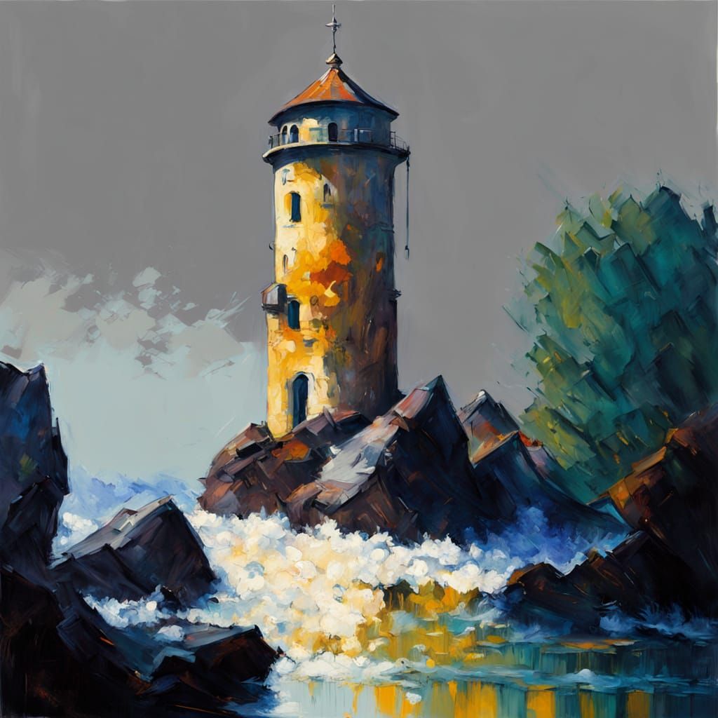 Neo-Impressionist Tower in Time, Impasto Painting