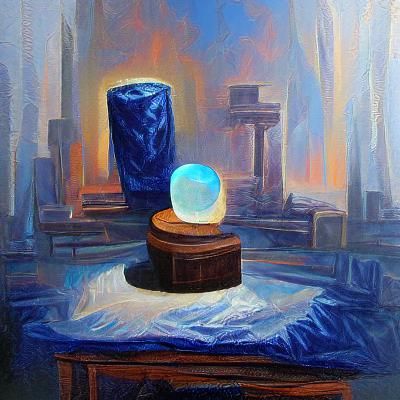 Glowing Blue Tesseract on Pedestal: Fantasy Oil Painting