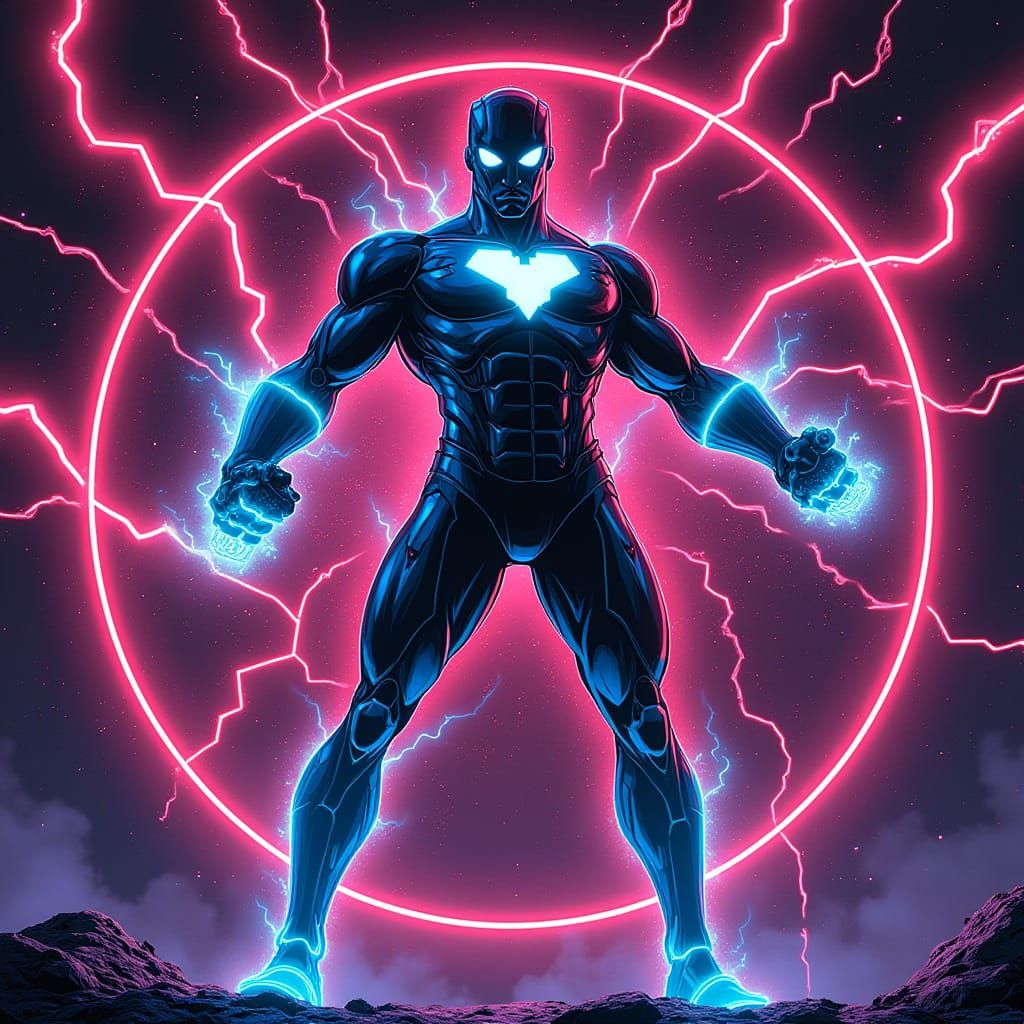 Electrifying Superhero VoltMania in Neon Noir Style