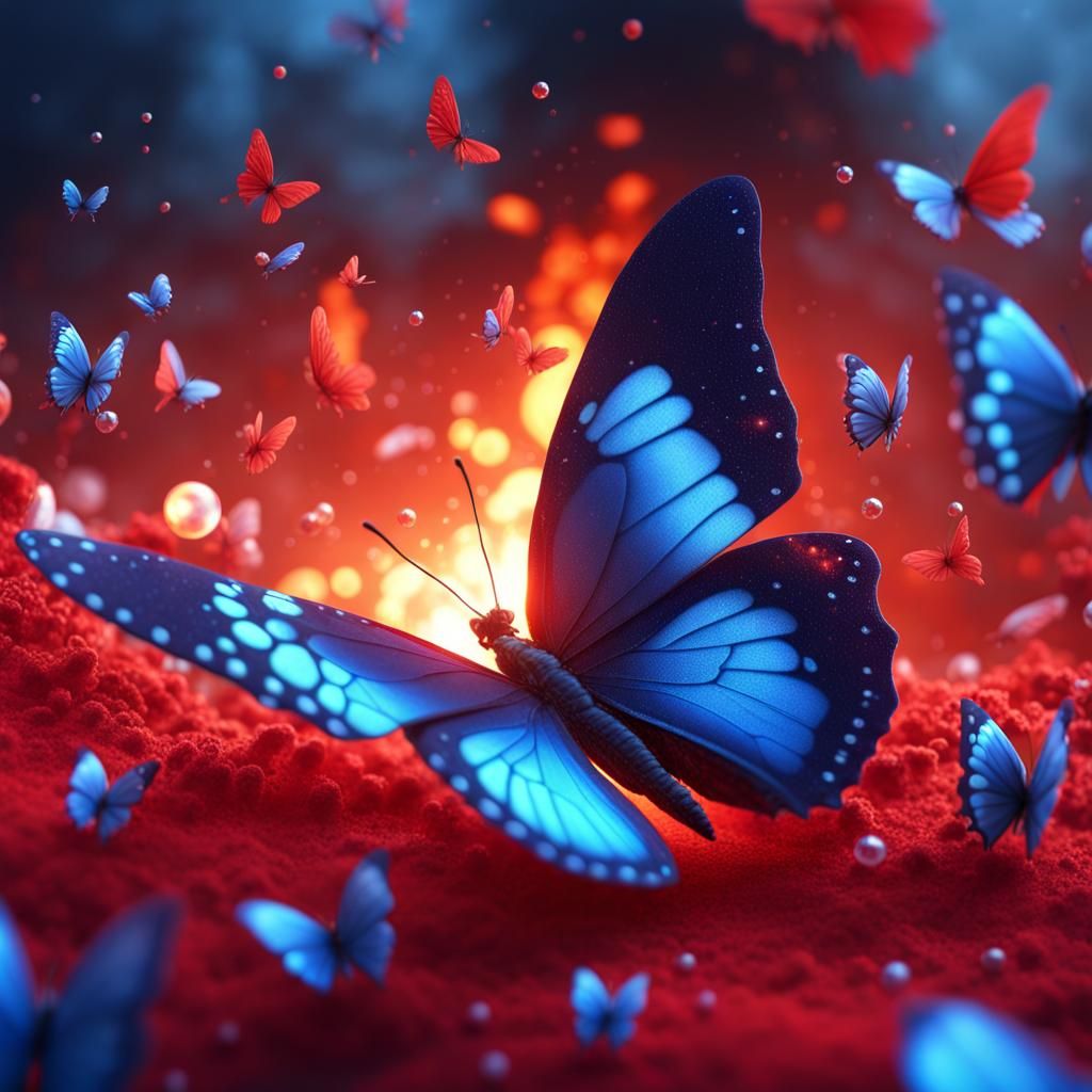 Fiery Blue Butterfly Surrounded by Baby Butterflies