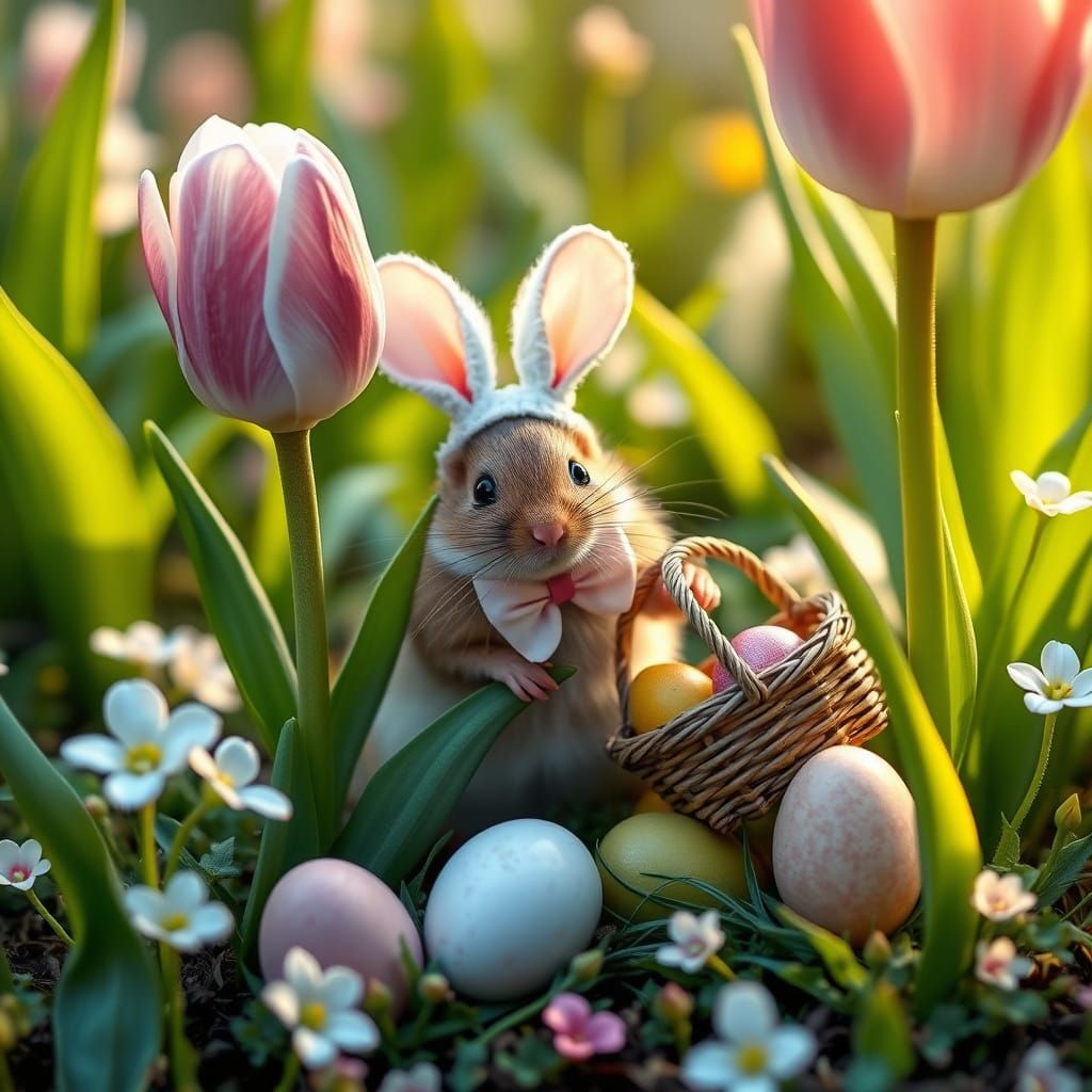 Whimsical Easter Mouse in Hyperrealistic Garden Scene