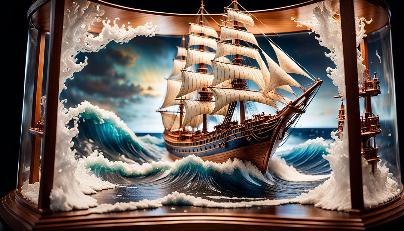 Miniature Sailing Ship Navigating Stormy Seas: Macro Photogr...