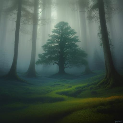 Mystical Forest Scene in Warm Oil Painting Style